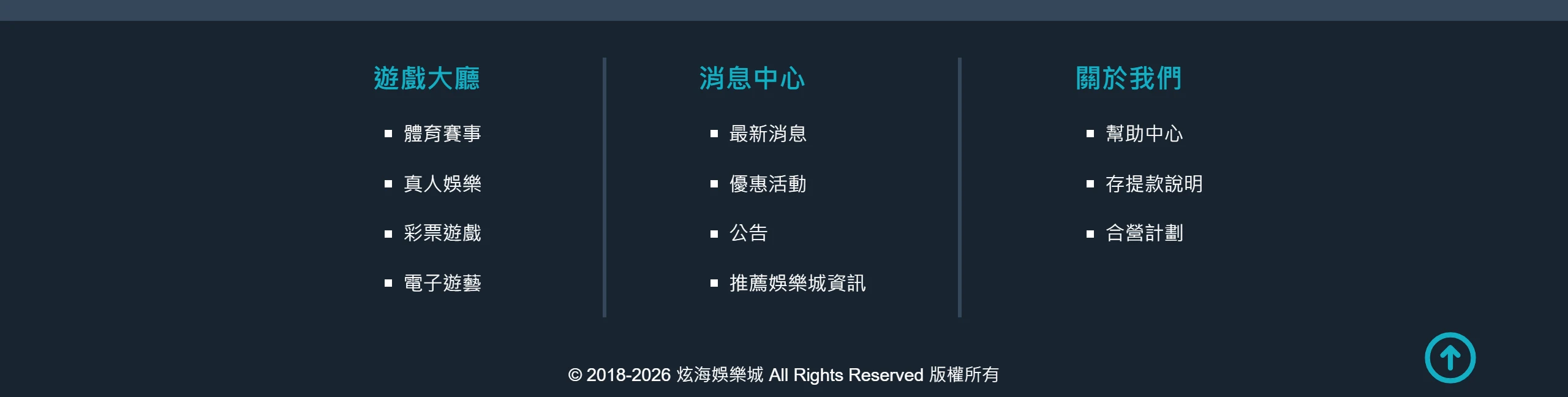 炫海娛樂城 官網頁尾導覽與版權列